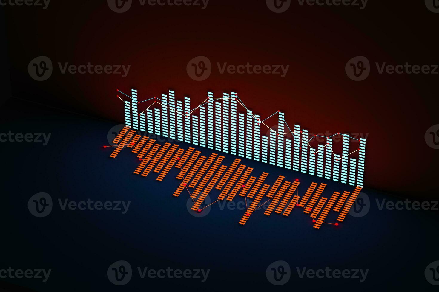 Business chart with line graph, bar chart and numbers on dark background, 3d rendering photo