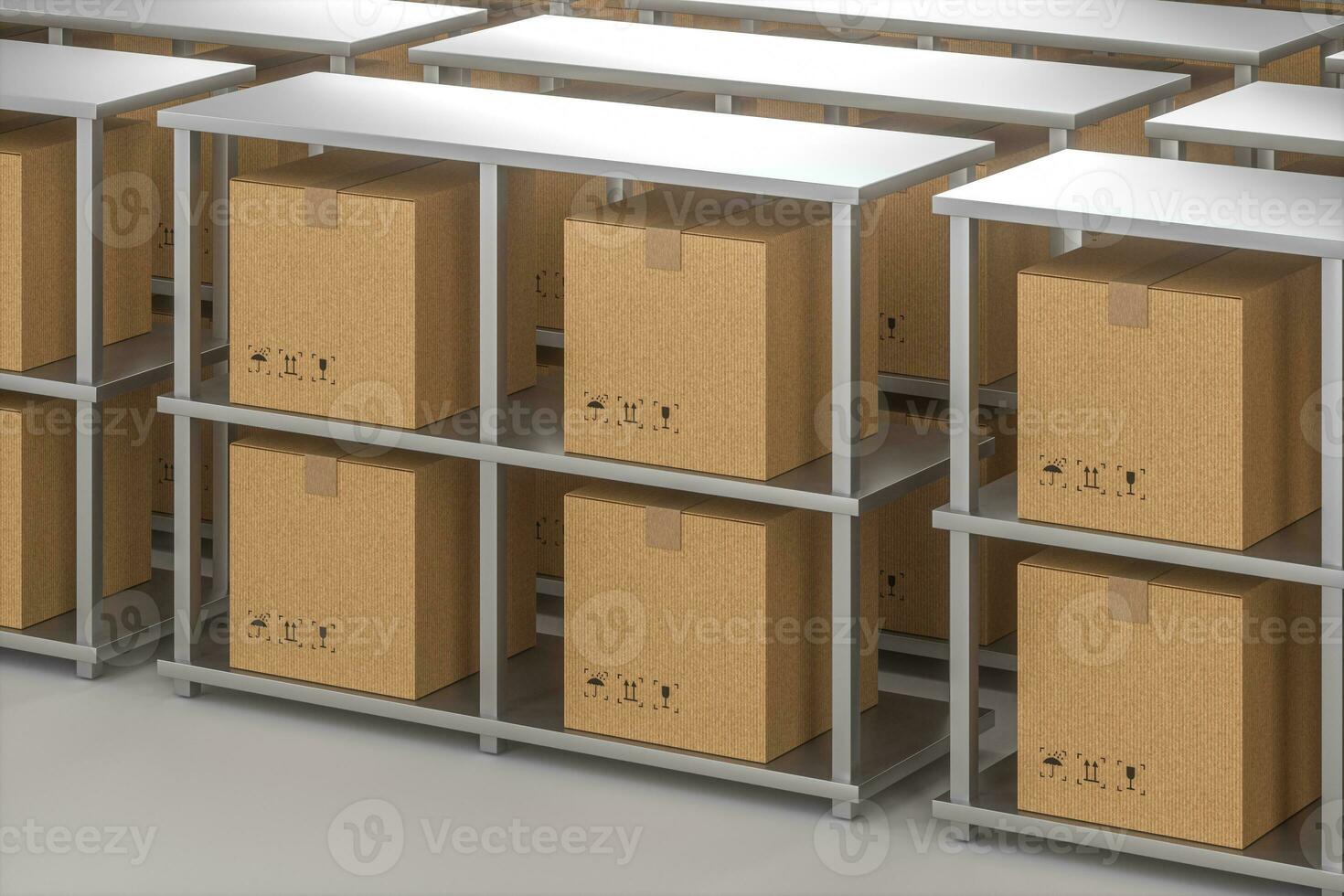 The cartons are put on neatly arranged shelves, 3d rendering. photo