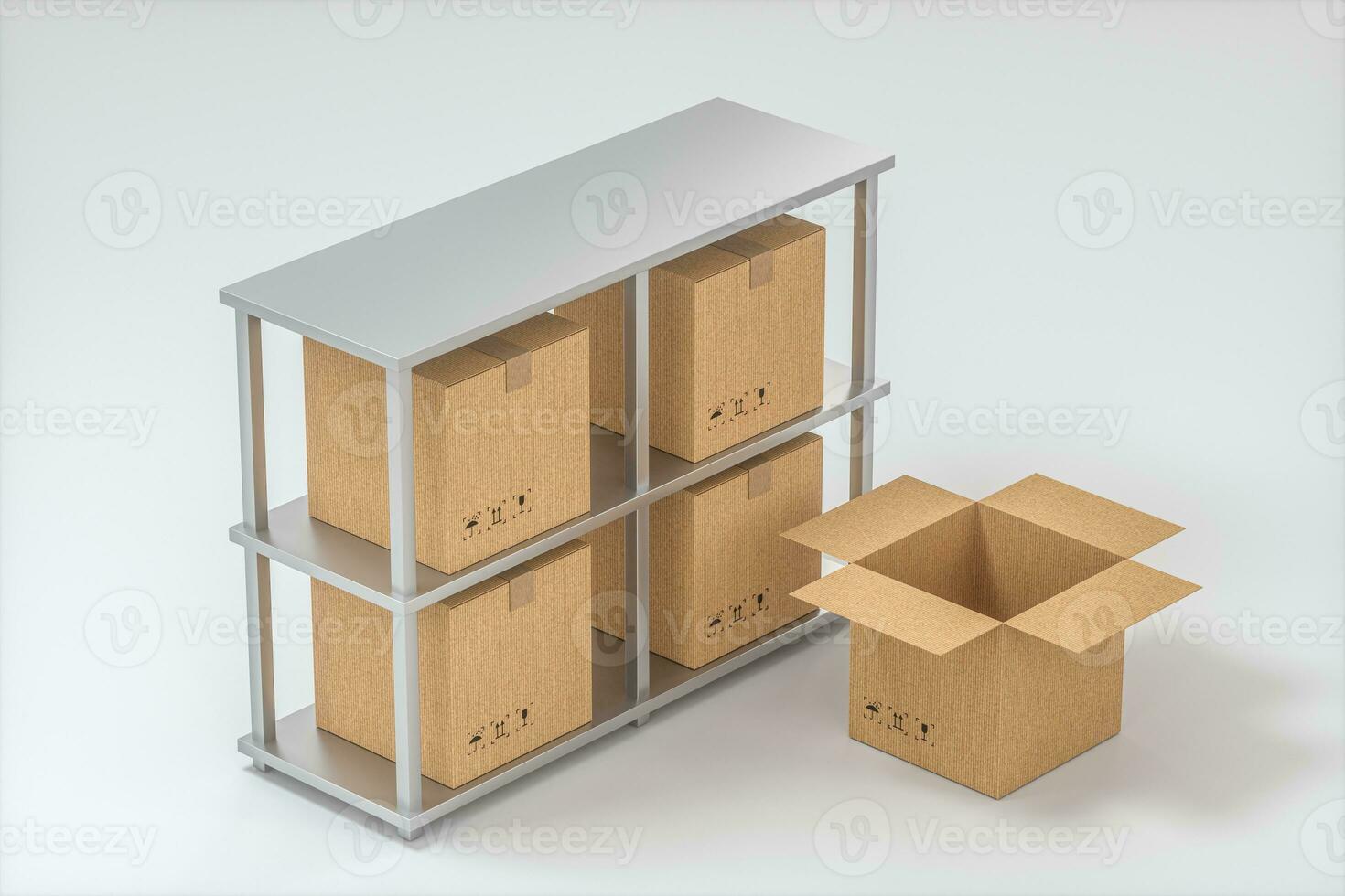 The cartons are put on neatly arranged shelves, 3d rendering. photo