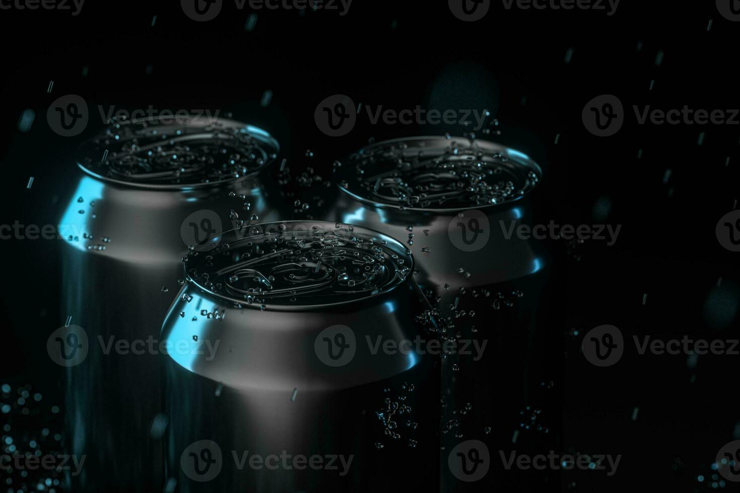 The rain drops fell on cans, cans with dark background, 3d rendering. photo