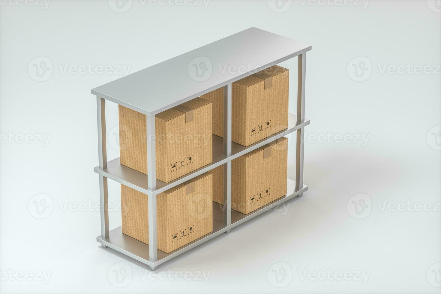 The cartons are put on neatly arranged shelves, 3d rendering. photo