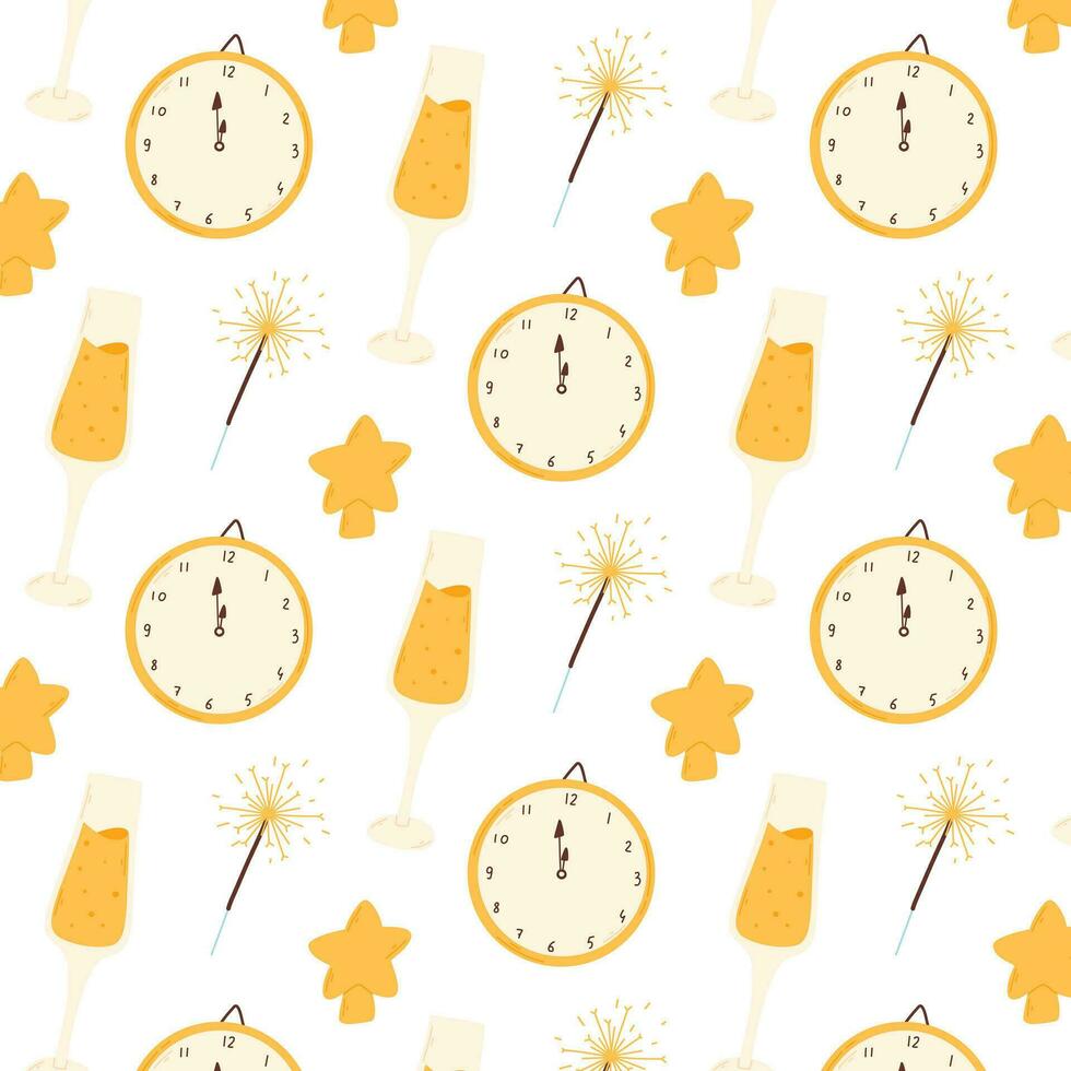 Vector seamless pattern with champagne, stars and sparklers. Christmas print. Happy new year pattern.