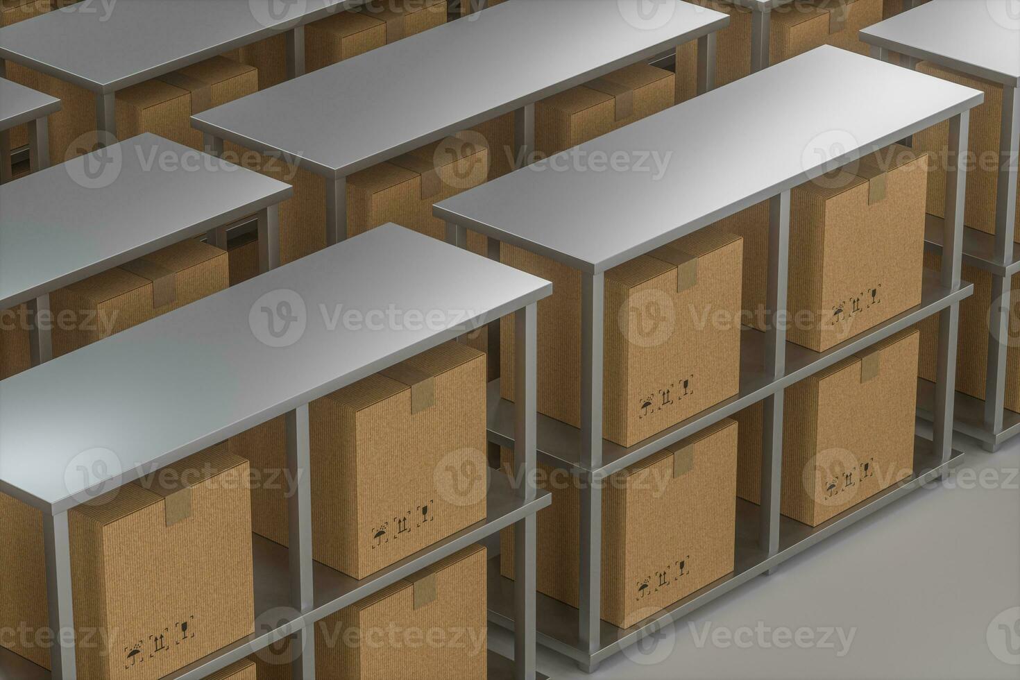 The cartons are put on neatly arranged shelves, 3d rendering. photo