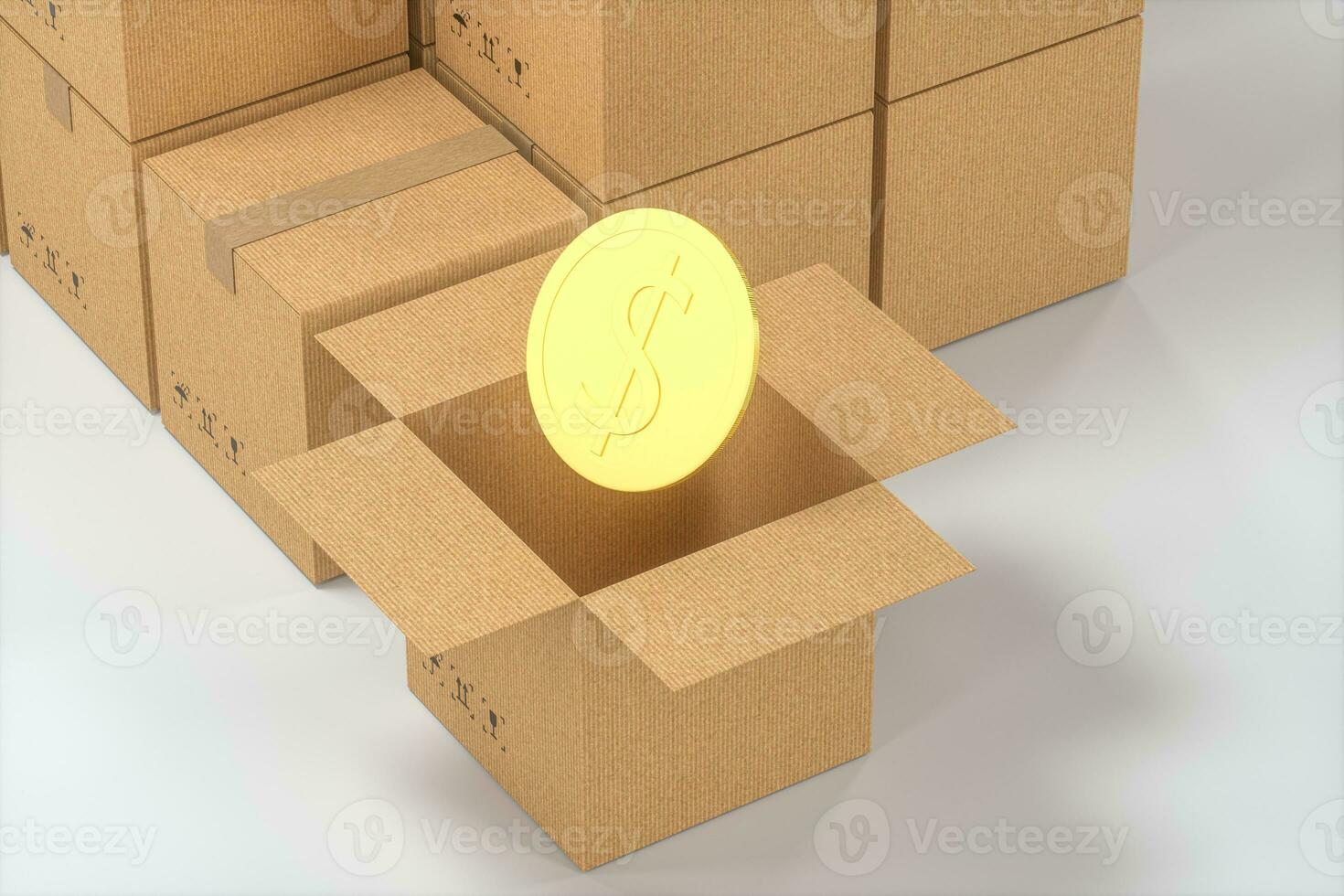 The cartons and COINS are on a white background, 3d rendering. photo