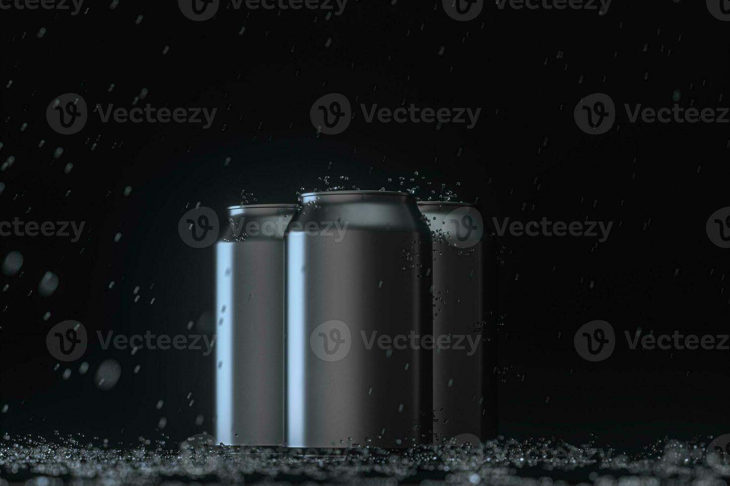 The rain drops fell on cans, cans with dark background, 3d rendering. photo
