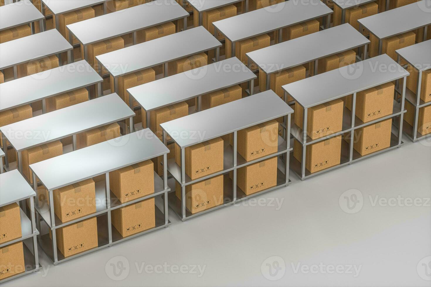 The cartons are put on neatly arranged shelves, 3d rendering. photo