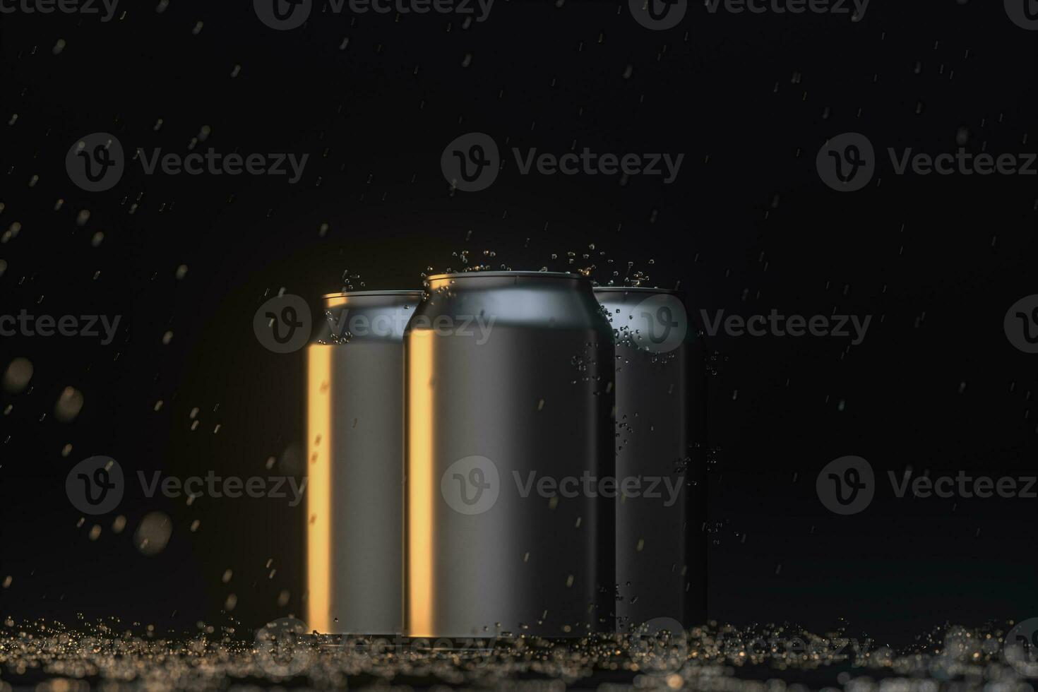 The rain drops fell on cans, cans with dark background, 3d rendering. photo