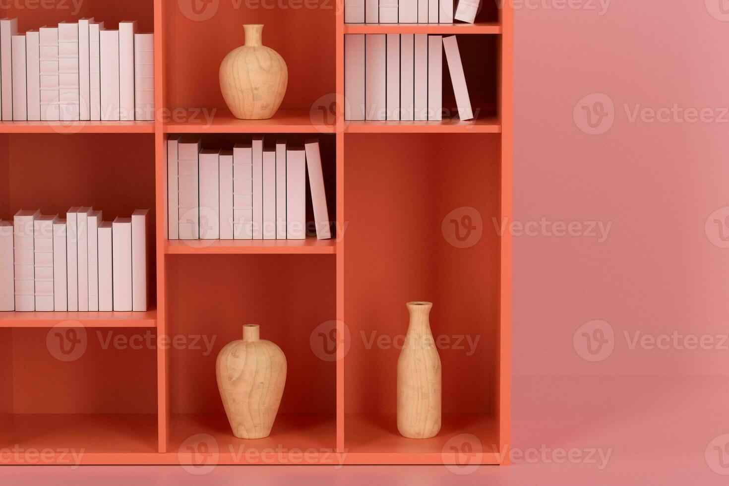 Cabinet with books and vases inside in the empty new house, 3d rendering. photo