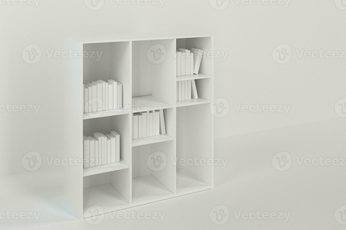 estante para libros con libros dentro en el vacío nuevo casa, 3d representación. foto