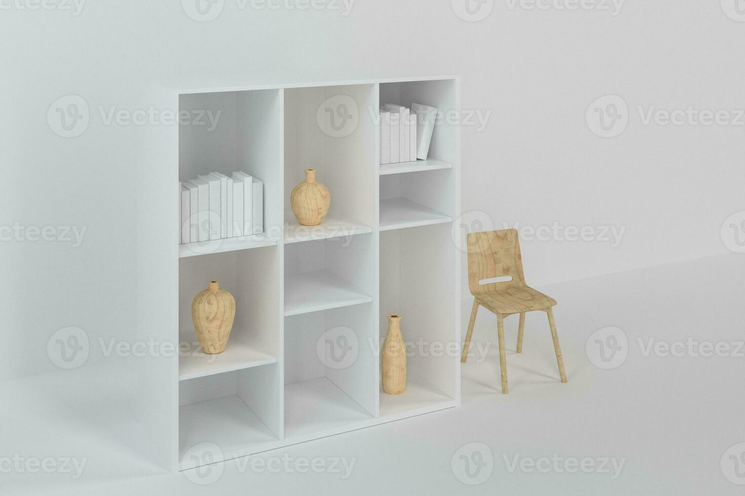 Cabinet with books and vases inside in the empty new house, 3d rendering. photo