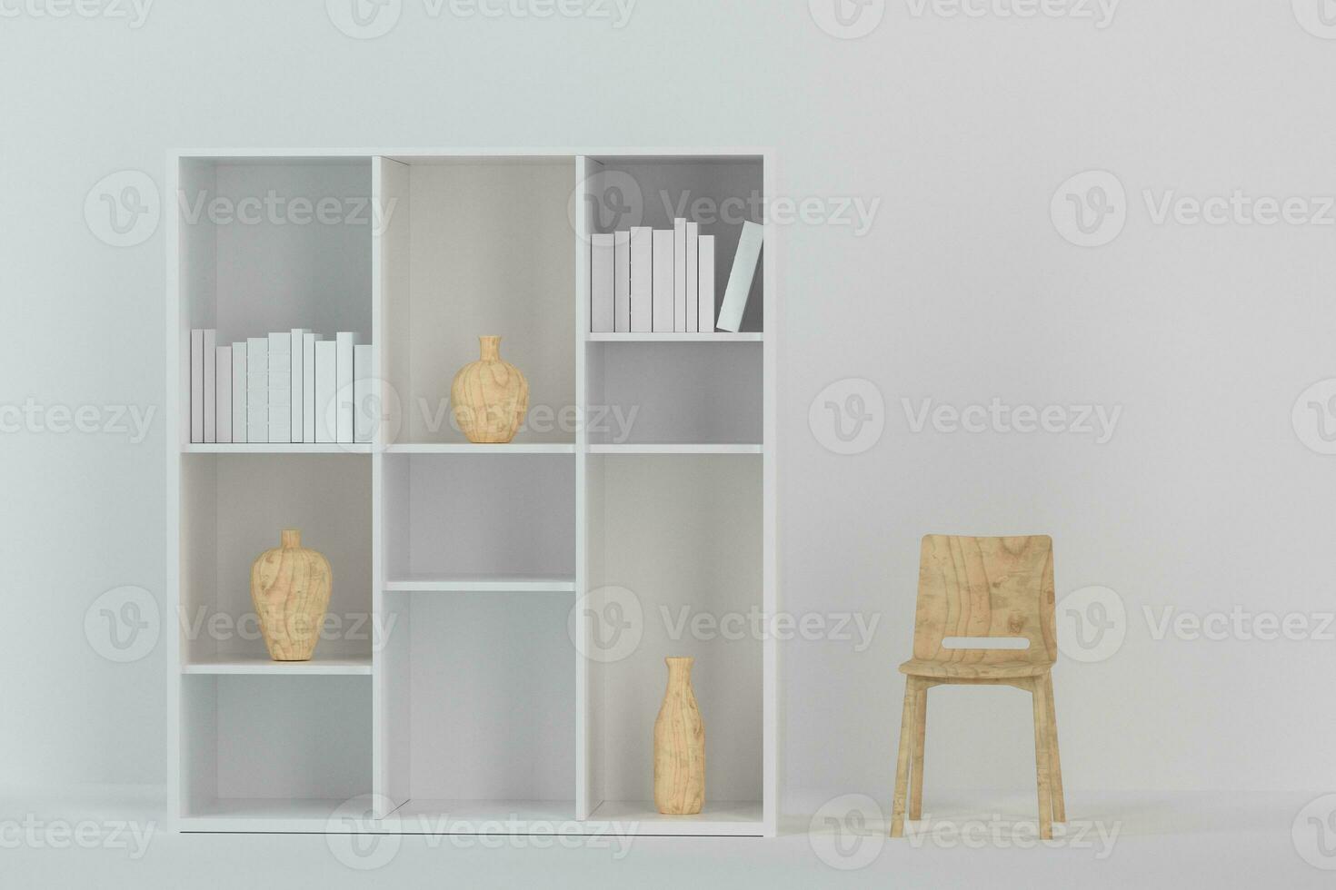 Cabinet with books and vases inside in the empty new house, 3d rendering. photo