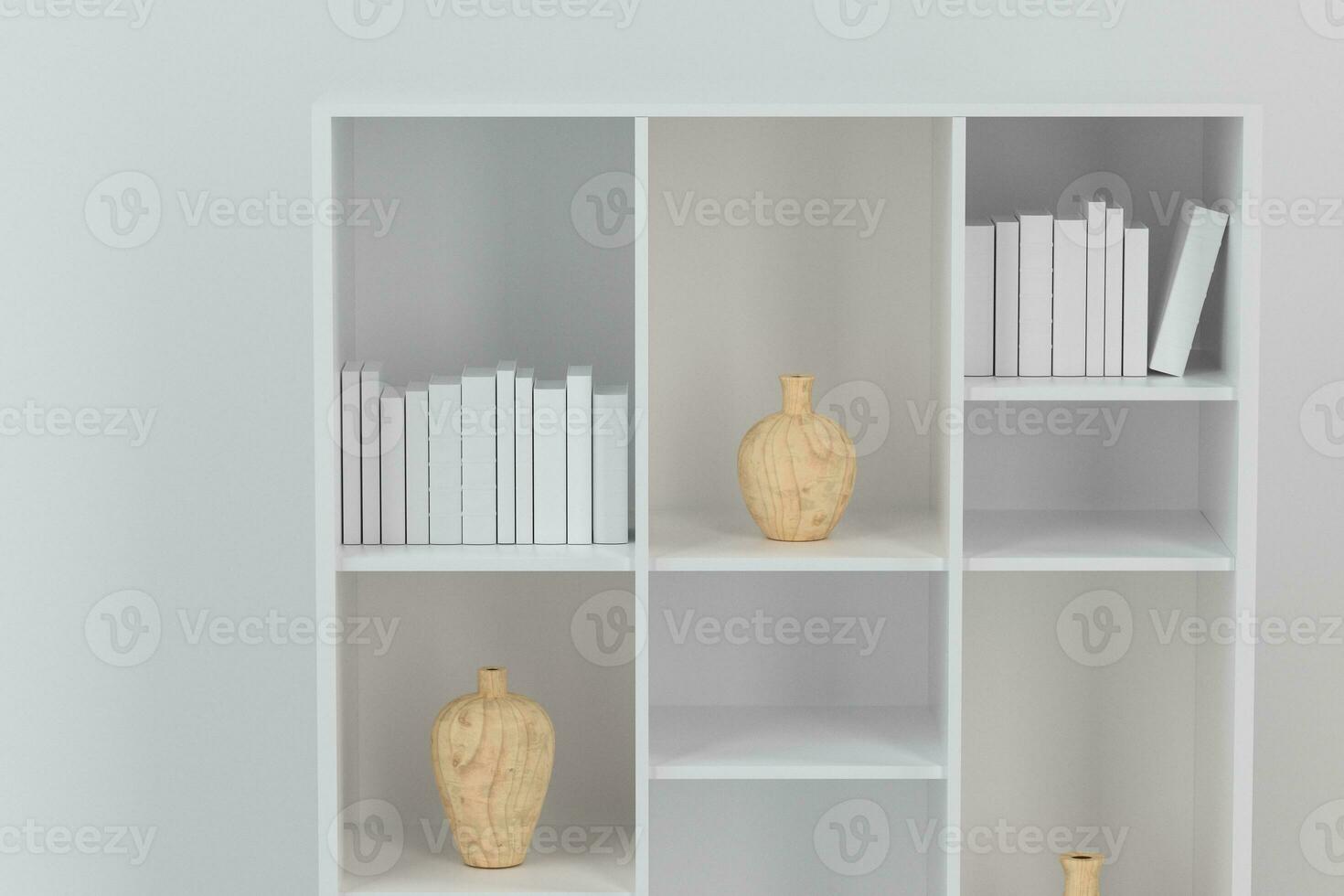 Cabinet with books and vases inside in the empty new house, 3d rendering. photo