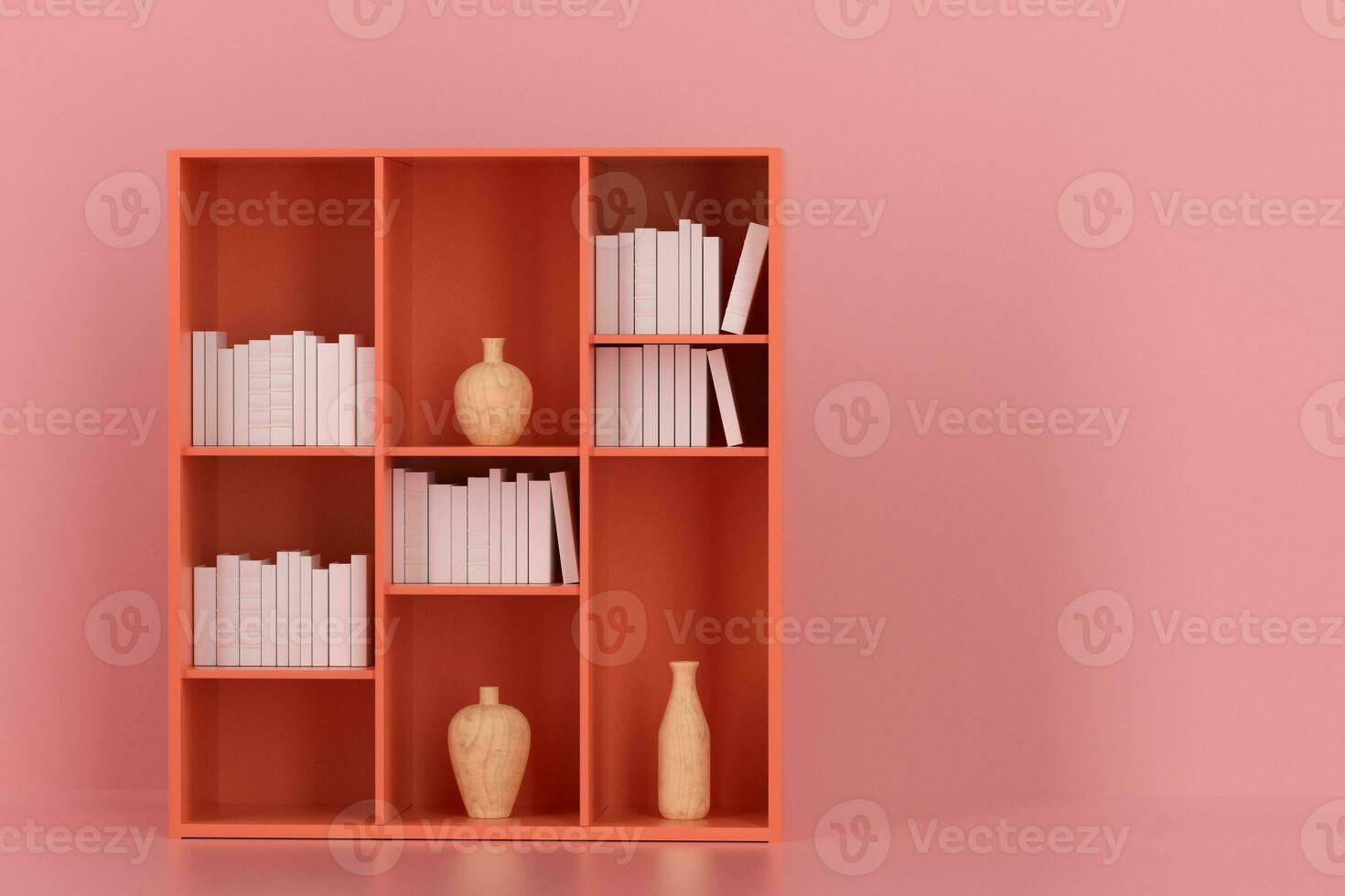 Cabinet with books and vases inside in the empty new house, 3d rendering. photo