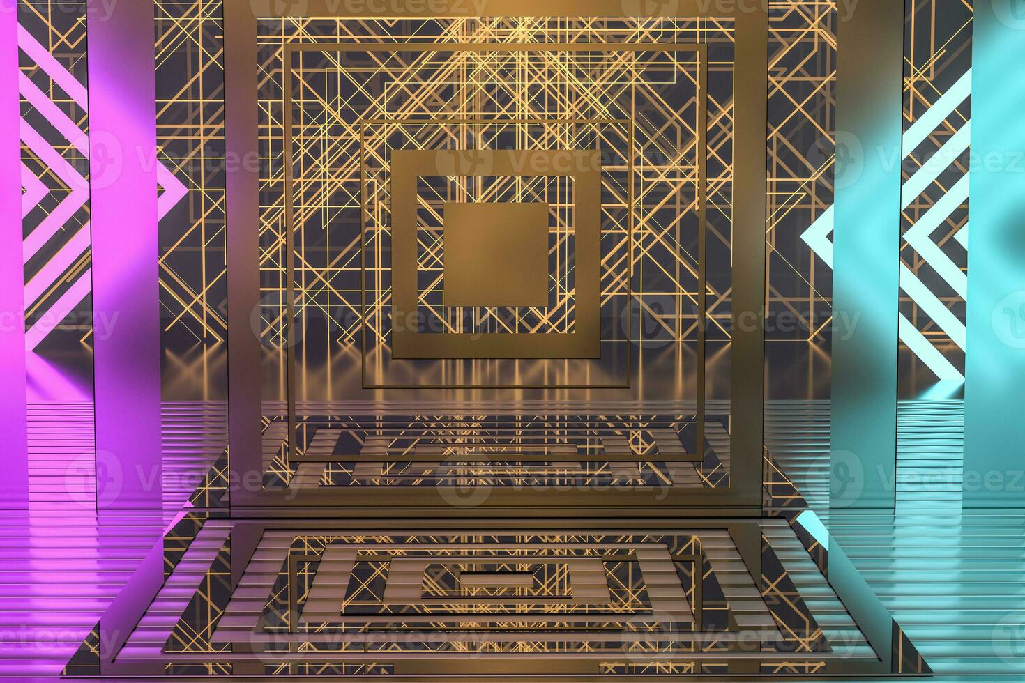 Dark and luxury room with glowing lights, 3d rendering. photo