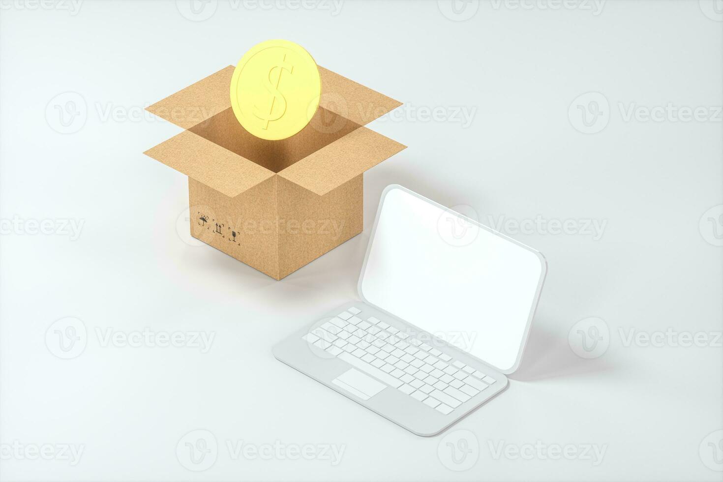 The cartons and COINS are on a white background, 3d rendering. photo