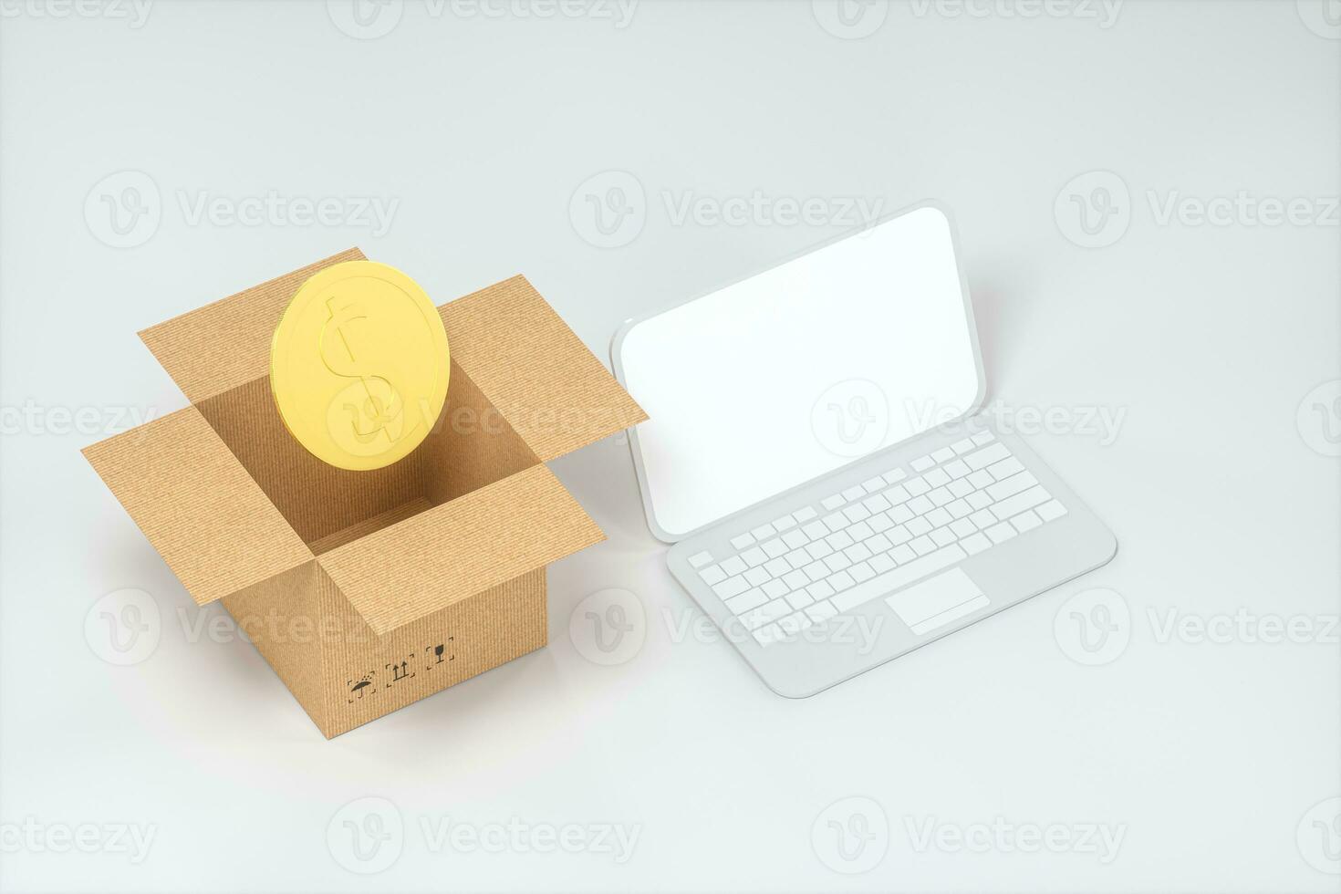 The cartons and COINS are on a white background, 3d rendering. photo