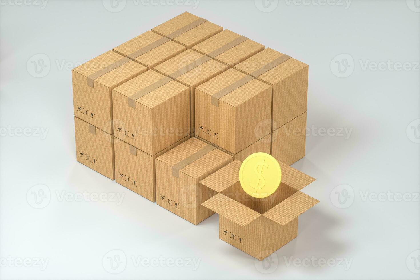 The cartons and COINS are on a white background, 3d rendering. photo
