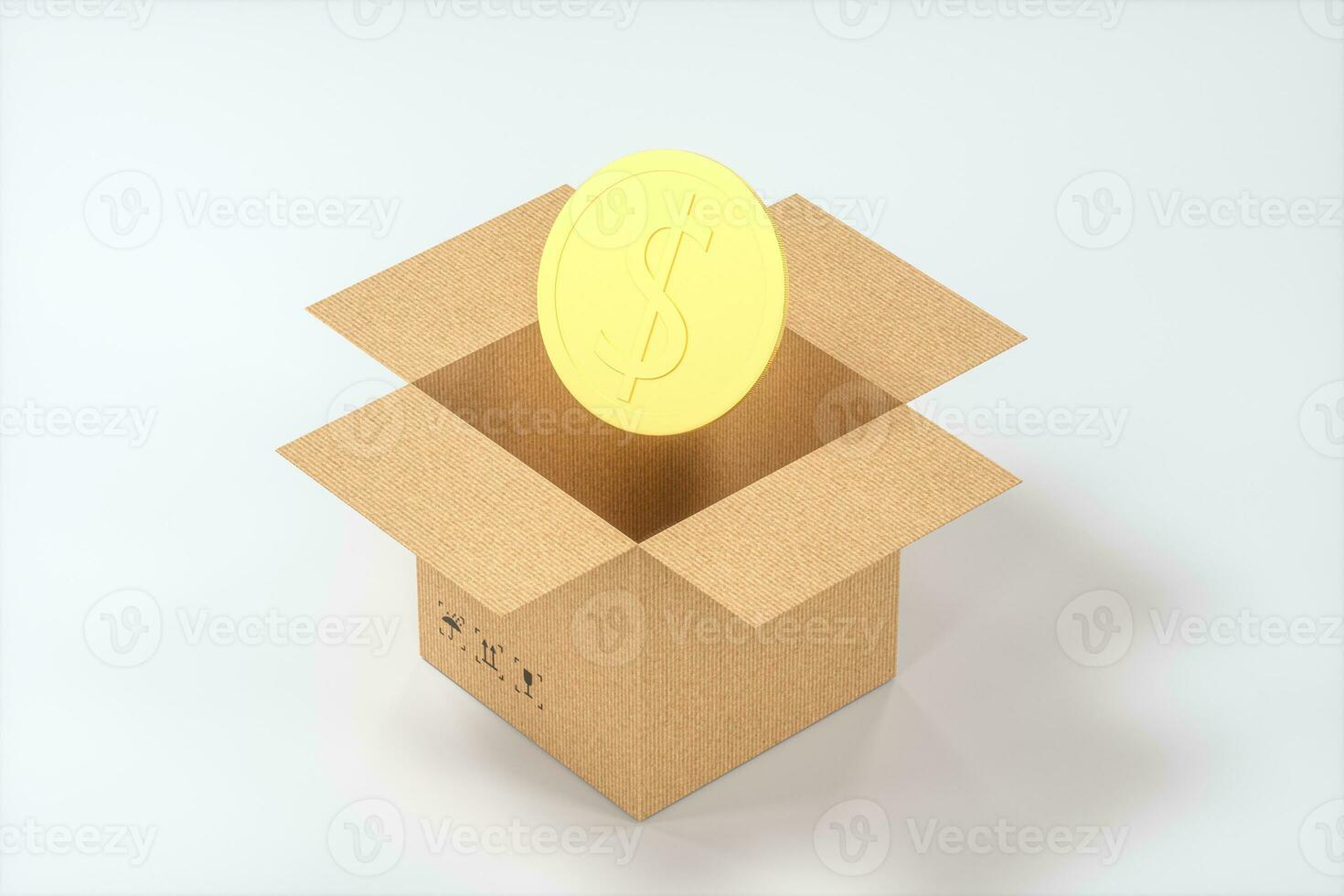 The cartons and COINS are on a white background, 3d rendering. photo