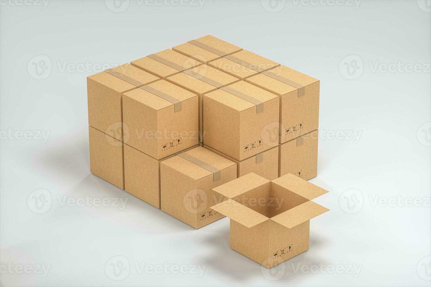 The cartons are stacked against a white background, 3d rendering. photo