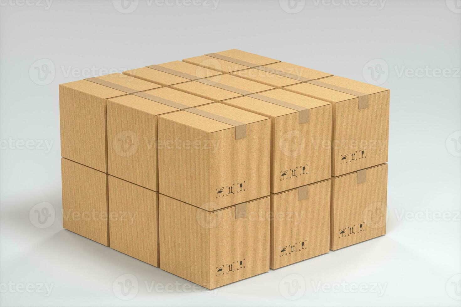 The cartons are stacked against a white background, 3d rendering. photo