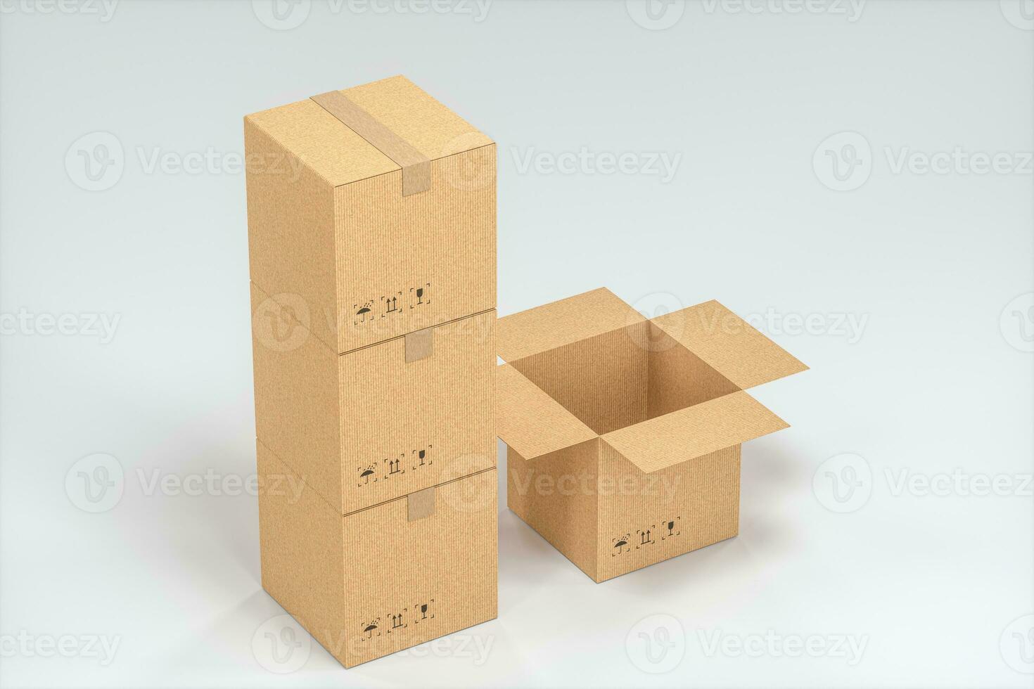 The cartons are stacked against a white background, 3d rendering. photo