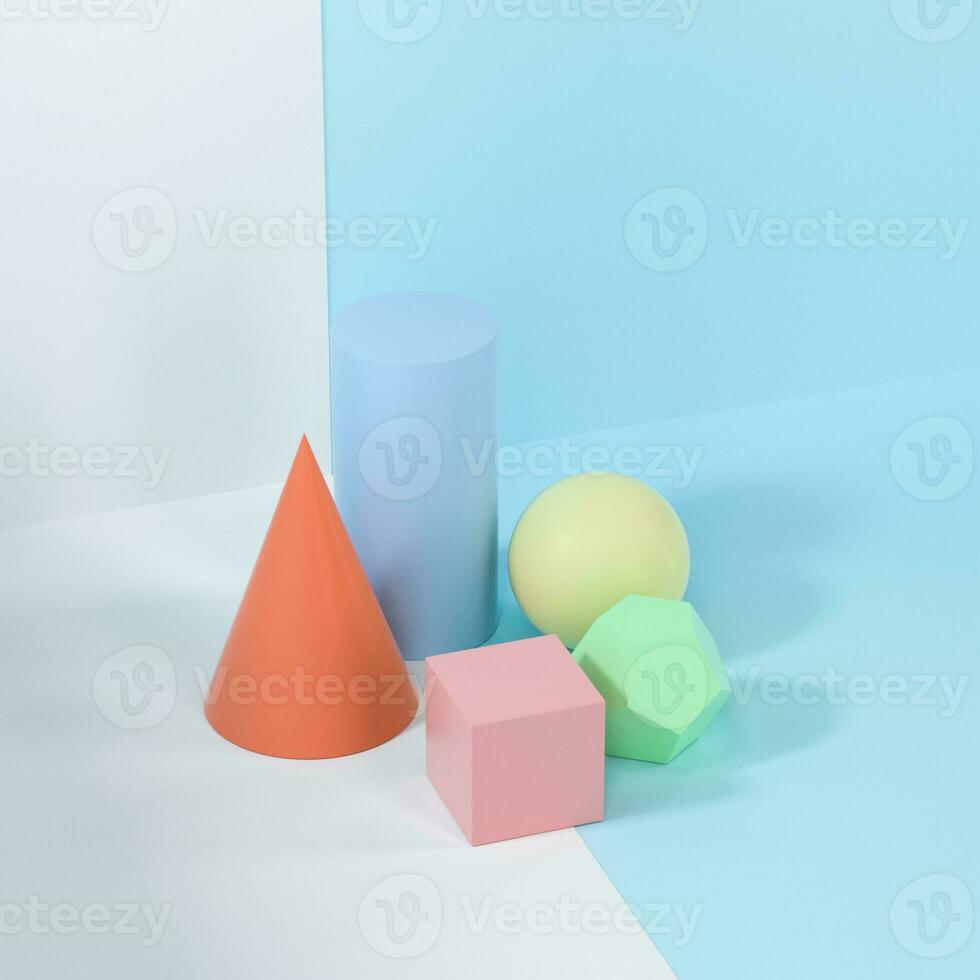 Still life presentation of geometric objects, 3d rendering. photo