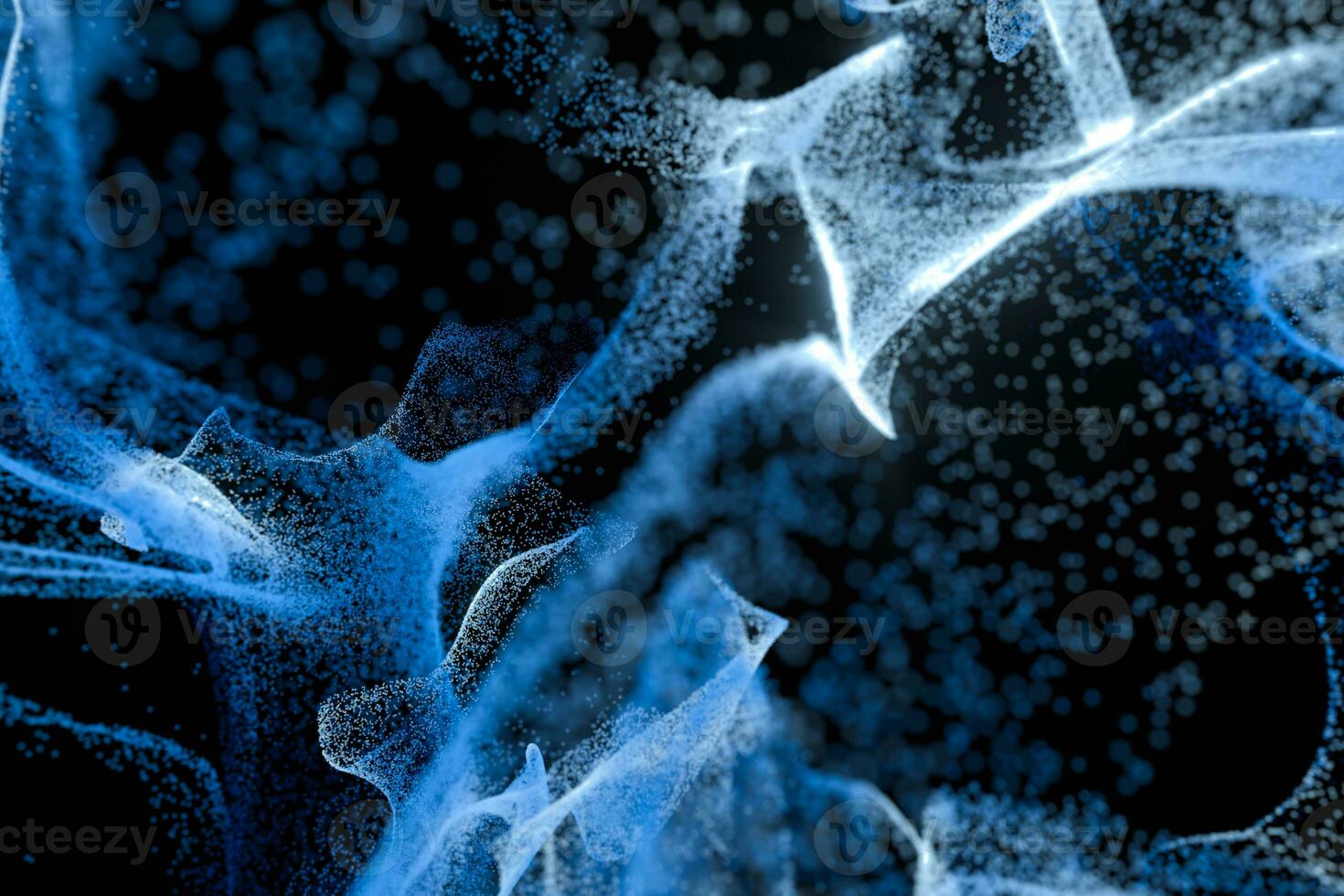 Particles moving on black background, 3d rendering. photo