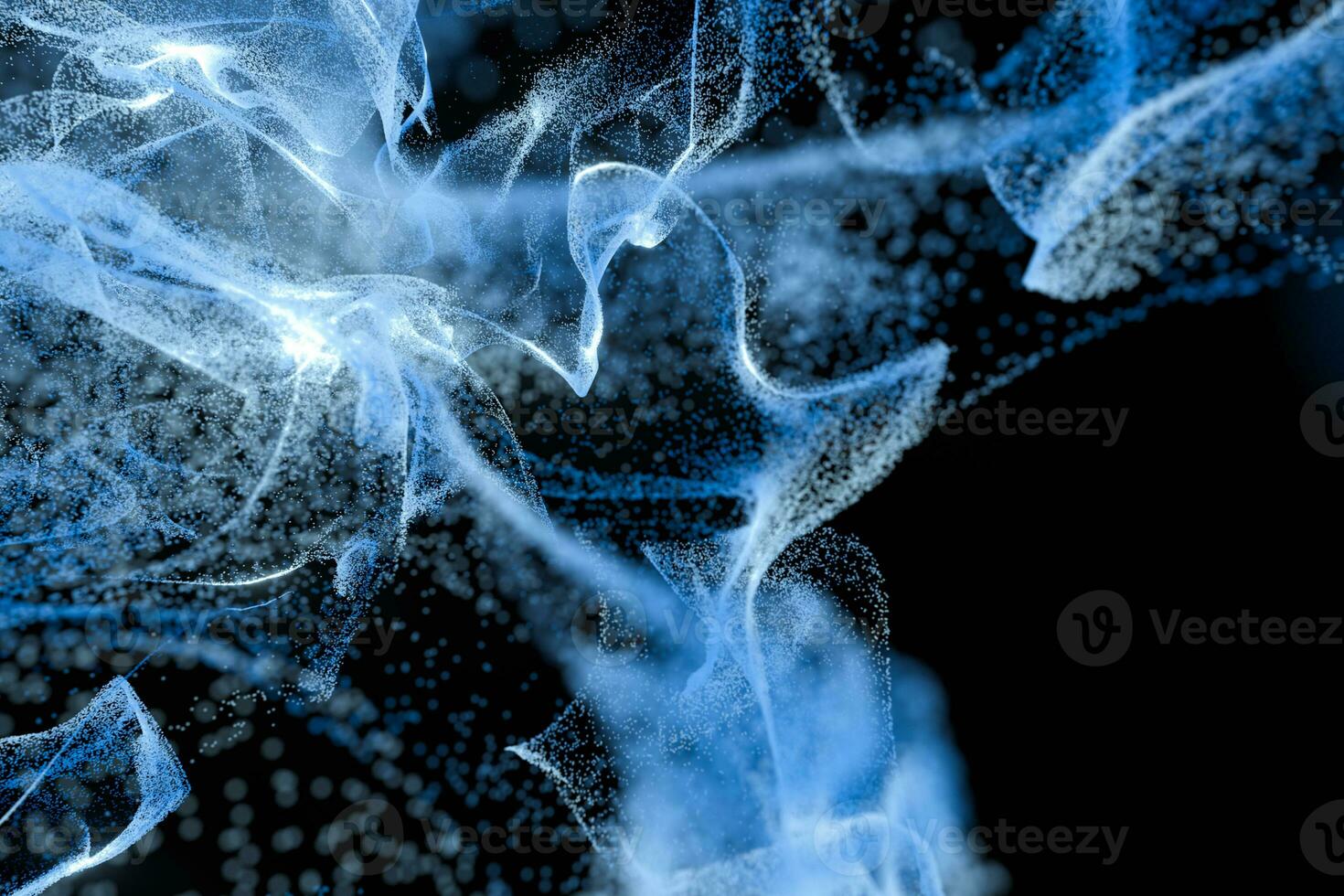 Particles moving on black background, 3d rendering. photo