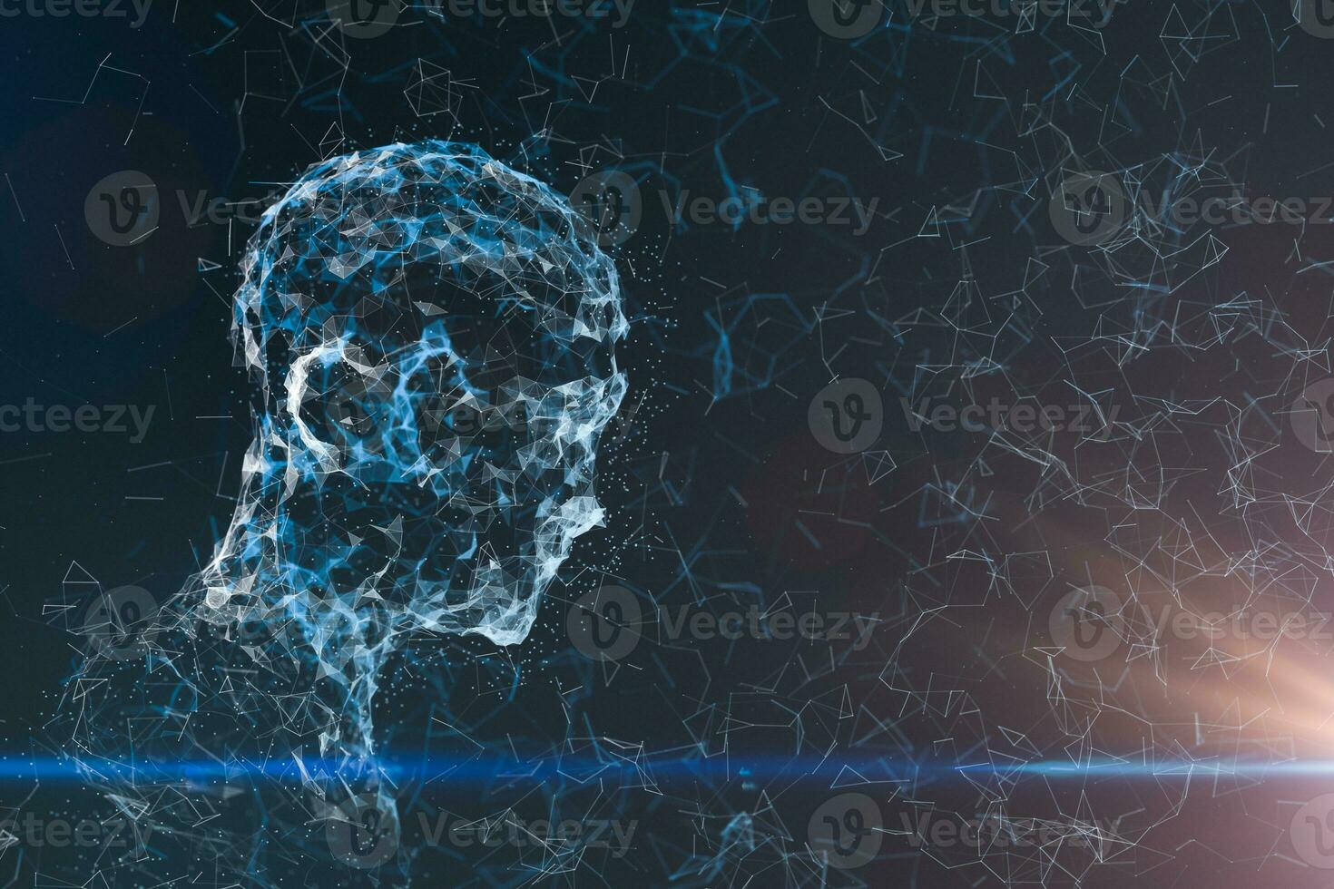 Human head made up of technological lines with the concept of Artificial Intelligence, 3D rendering. photo