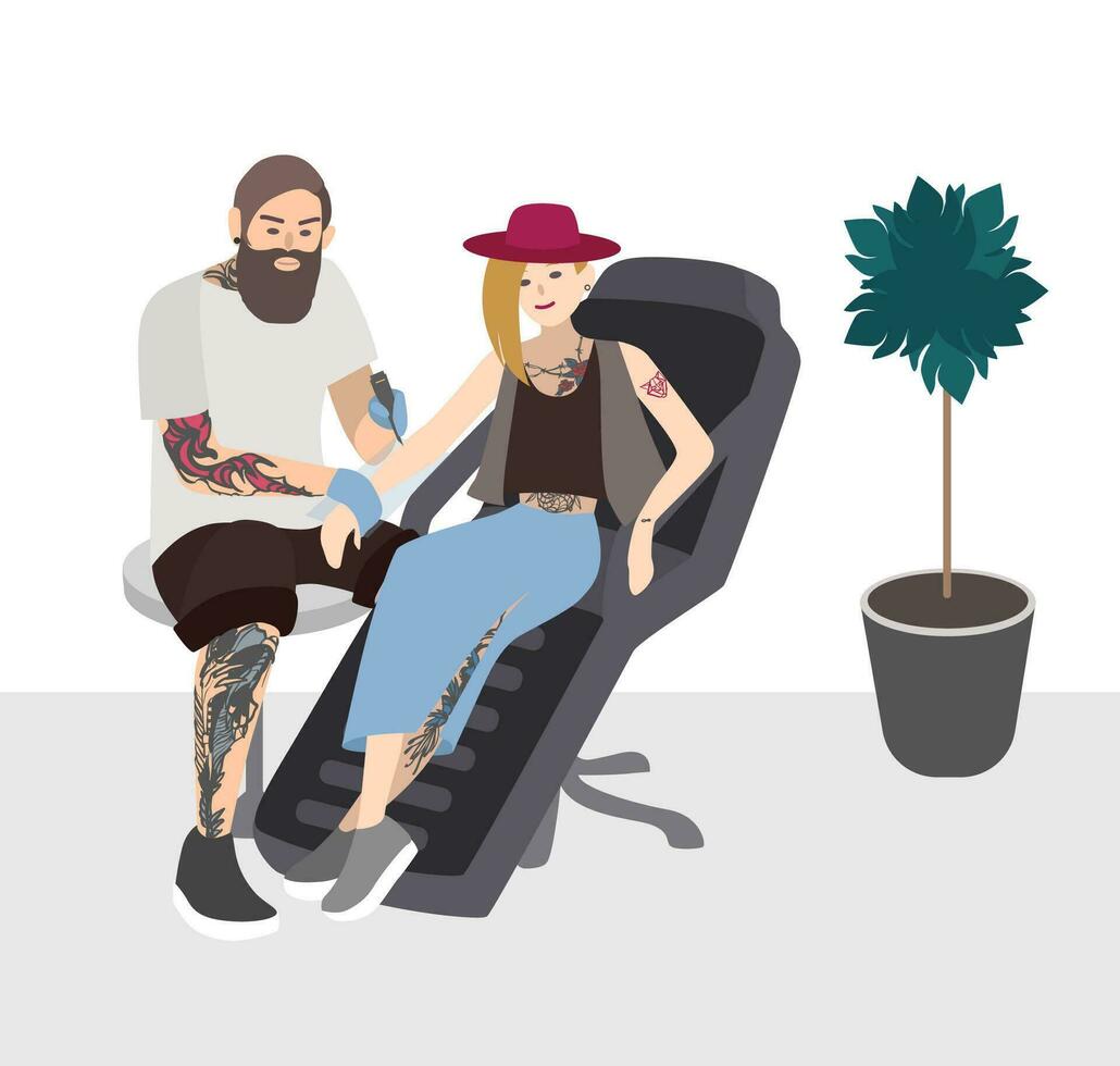 Tattoo master at work. Professional tattooer doing tattoo to young woman. Tattooist with client. Flat illustration. vector