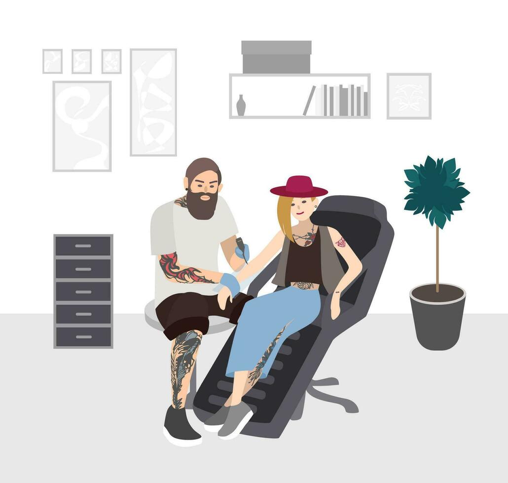 Tattoo master at work. Professional tattooer doing tattoo to young woman in studio. Tattooist with client. Flat illustration. vector