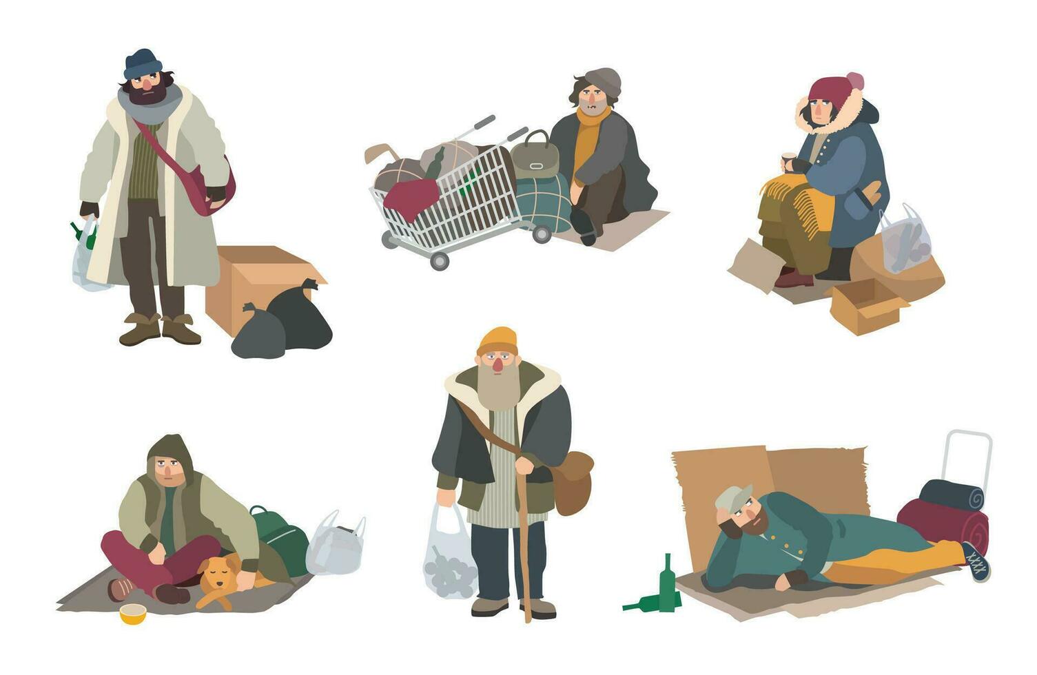 Homeless people. cartoon flat characters set illustration. vector