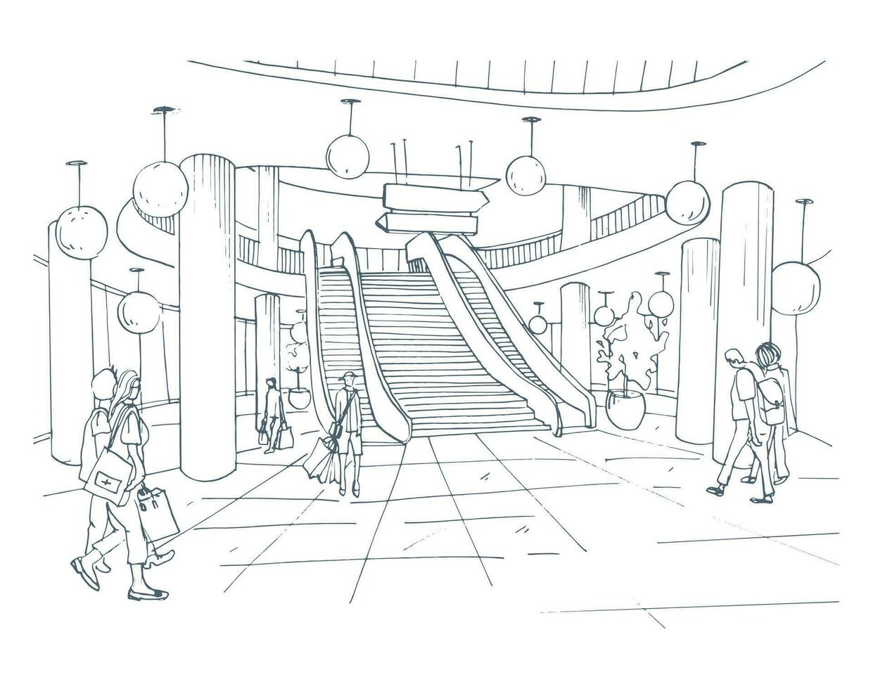 Modern interior shopping center, mall. Contour sketch illustration. vector