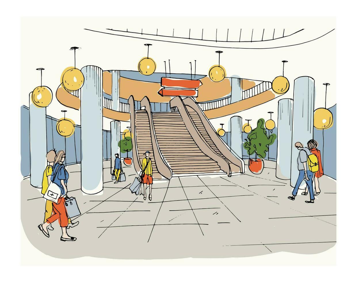 Modern interior shopping center, mall. Colorful sketch illustration. vector