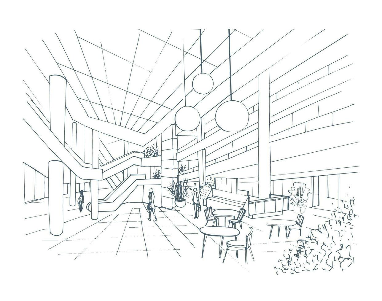 Modern interior shopping center, mall. Contour sketch illustration with food court. vector