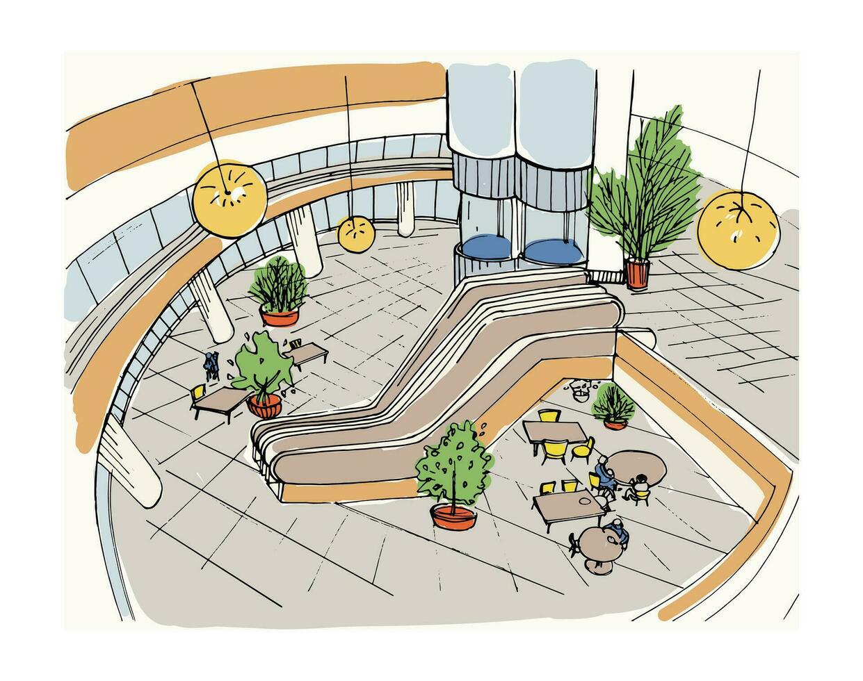 moderno interior compras centro, centro comercial. parte superior vista. vistoso bosquejo ilustración. vector