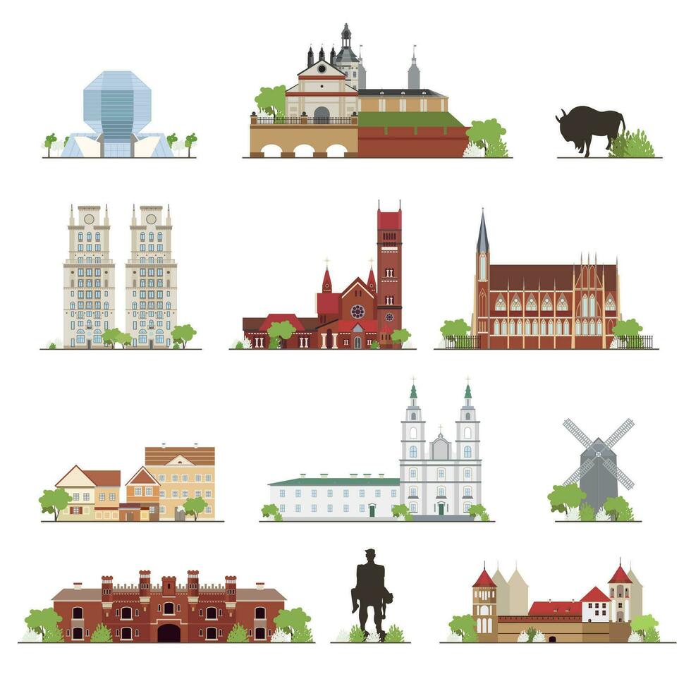 Set of Belarus country buildings, famous places in flat style. illustration collection. vector