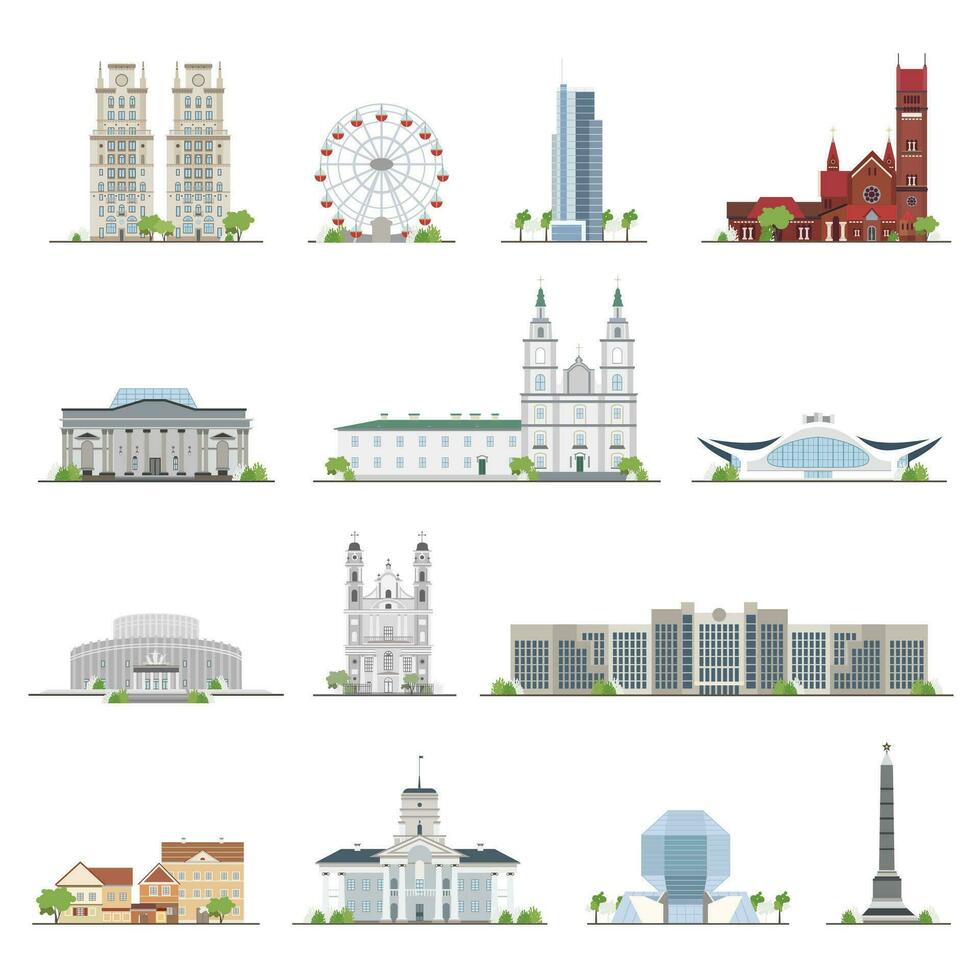 conjunto de minsk ciudad edificios, famoso lugares en plano estilo. ilustración recopilación. vector