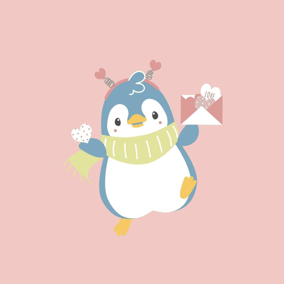 cute and lovely penguin holding love letter and heart, happy valentines day, love concept, flat vector illustration cartoon character costume design