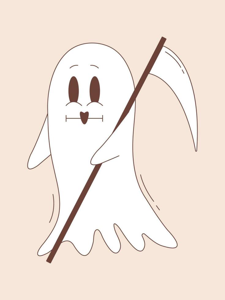 Grim reaper ghost character in groovy style. Halloween ghost character. vector