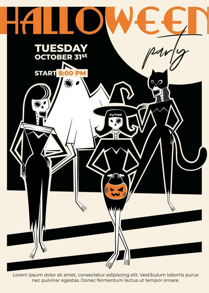 Skeleton ladies set with four characters - lady cat, witch, ghost and monster. Halloween poster in retro style of 60's-70's. vector