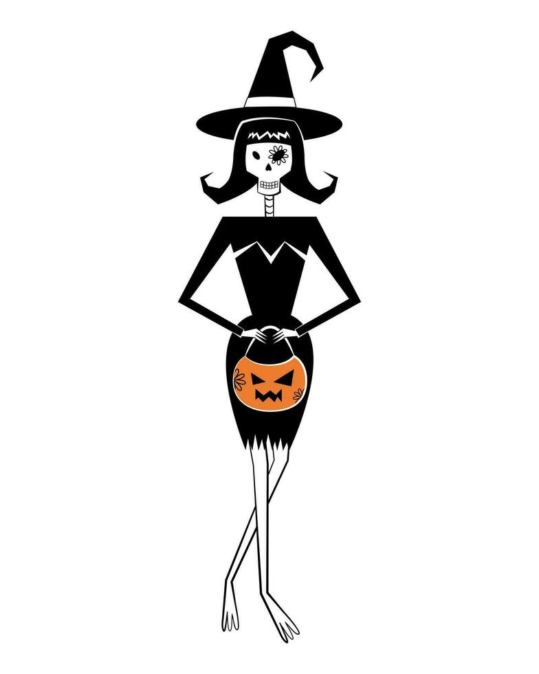 Skeleton witch character in witch hat and black dress with pumpkin basket in hands. Halloween party skeleton character in retro style. vector