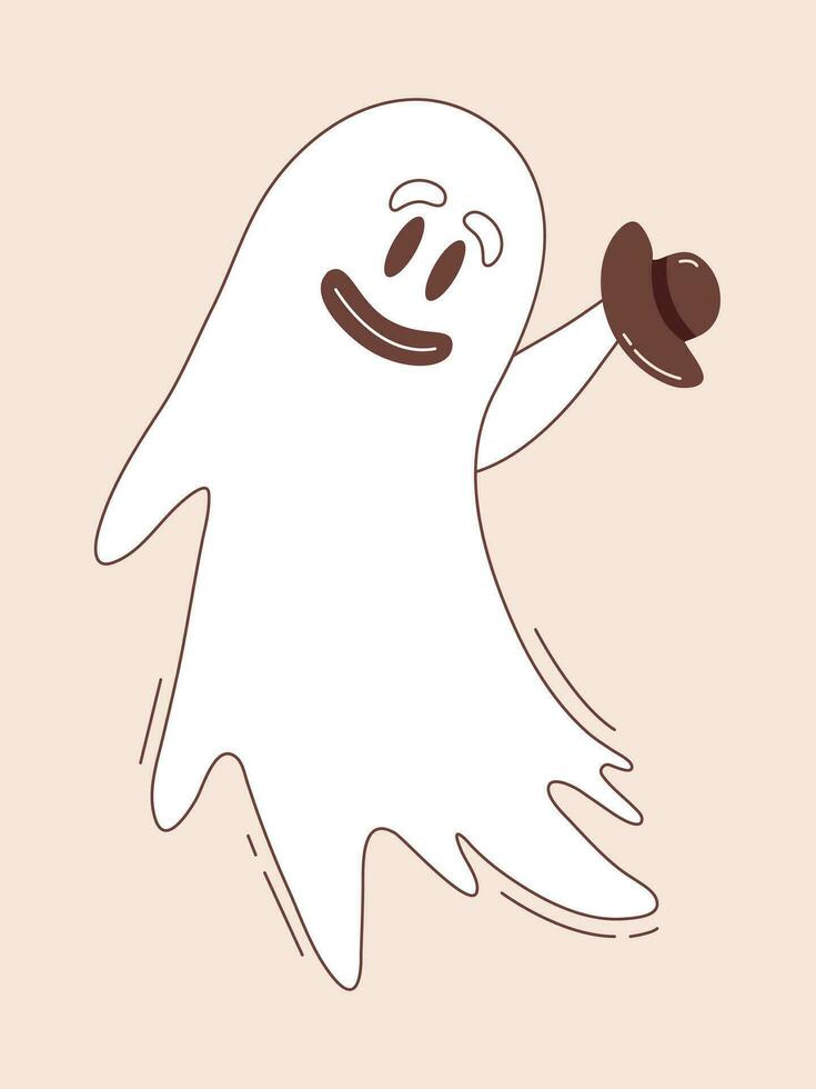 Uncle ghost character with smiling face and bowler hat in hand. Halloween ghost character in groovy style. vector