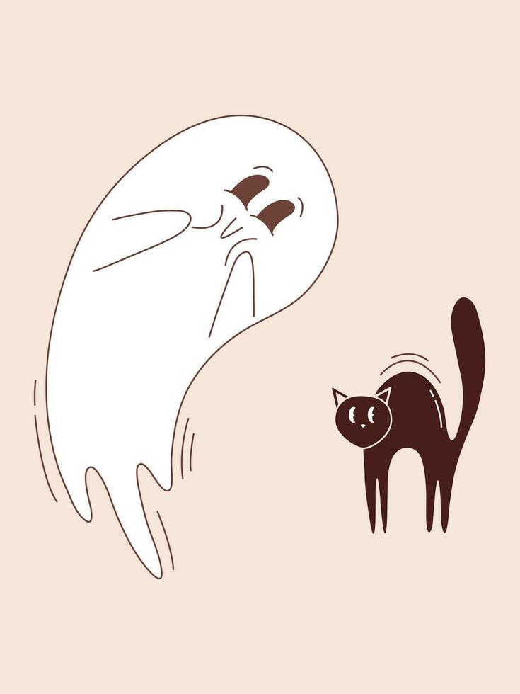 Cute flying ghost character with black cat. Halloween black kitten character. Halloween ghost character in groovy style. vector