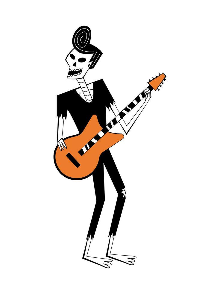 Skeleton with guitar in retro style. Halloween skeleton character in rock style. Day of the Dead skeleton. vector