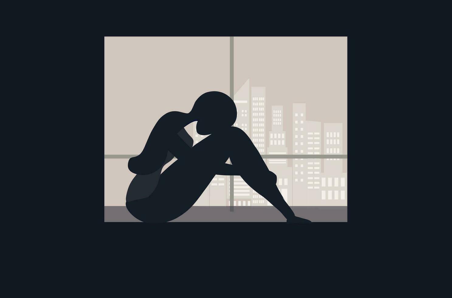 triste y Deprimido mujer abrazo su rodilla sentado en ventana.infeliz y estresado, psicología, mental salud, depresión, estrés.vector ilustración. vector