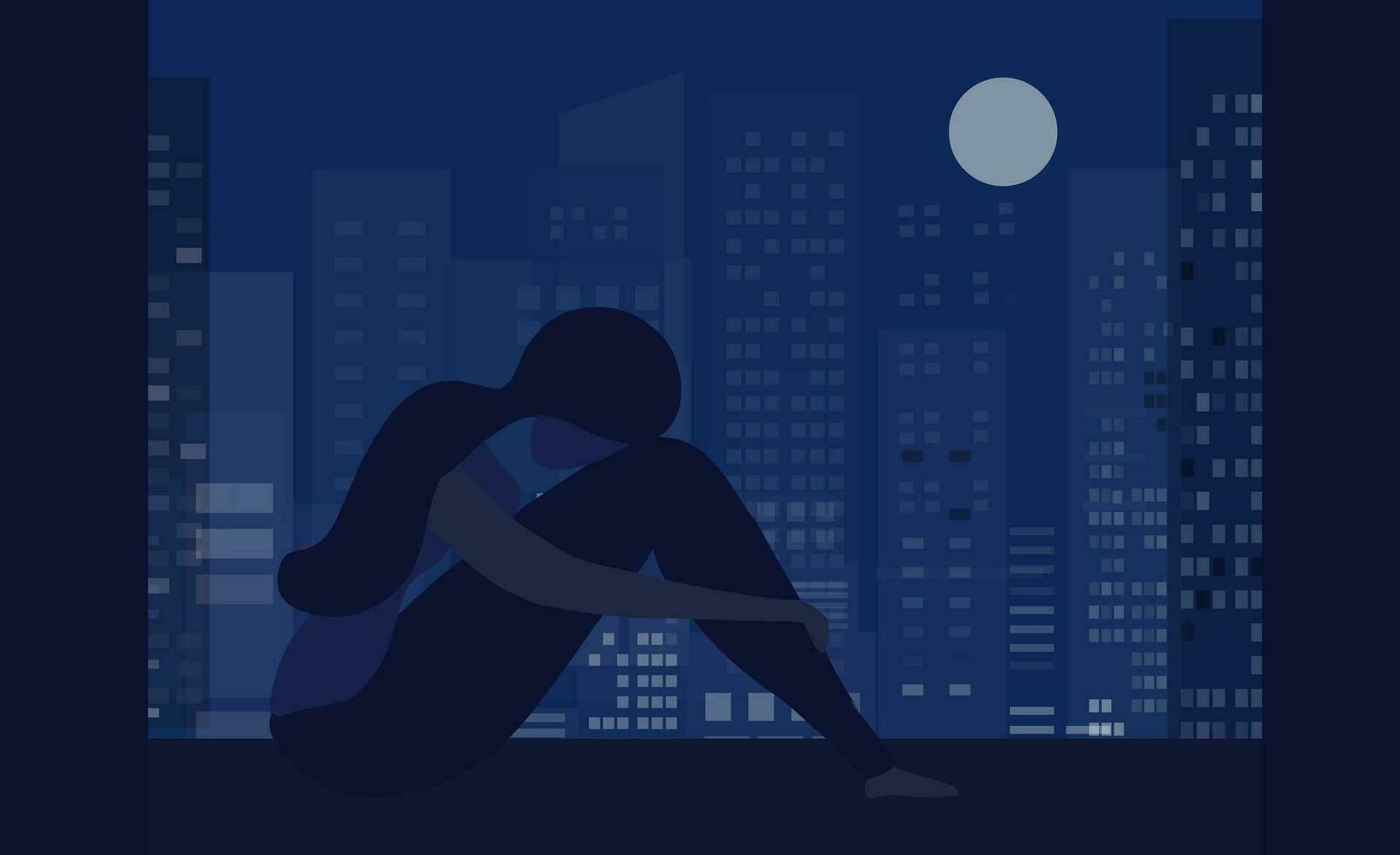 Insomnia woman sitting on bed at night vector illustration. Sleepless woman suffering from insomnia and depression concept