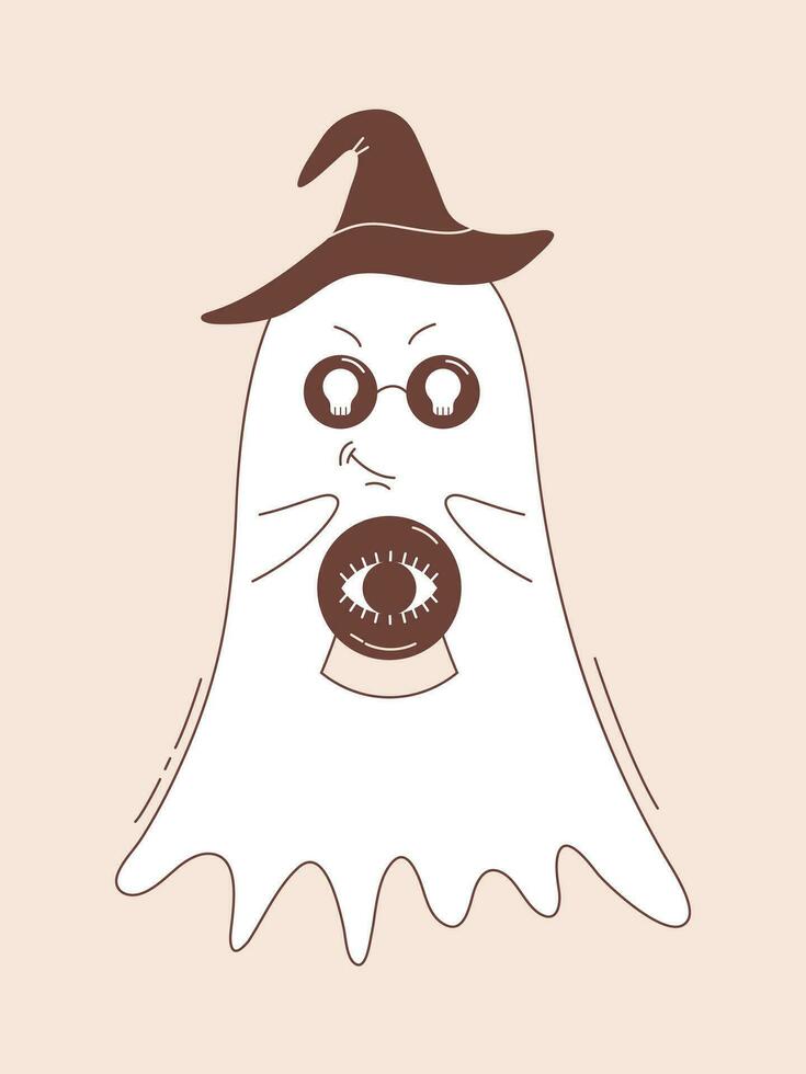 Ghost in witch hat with crystal ball. Halloween ghost character in groovy style. vector