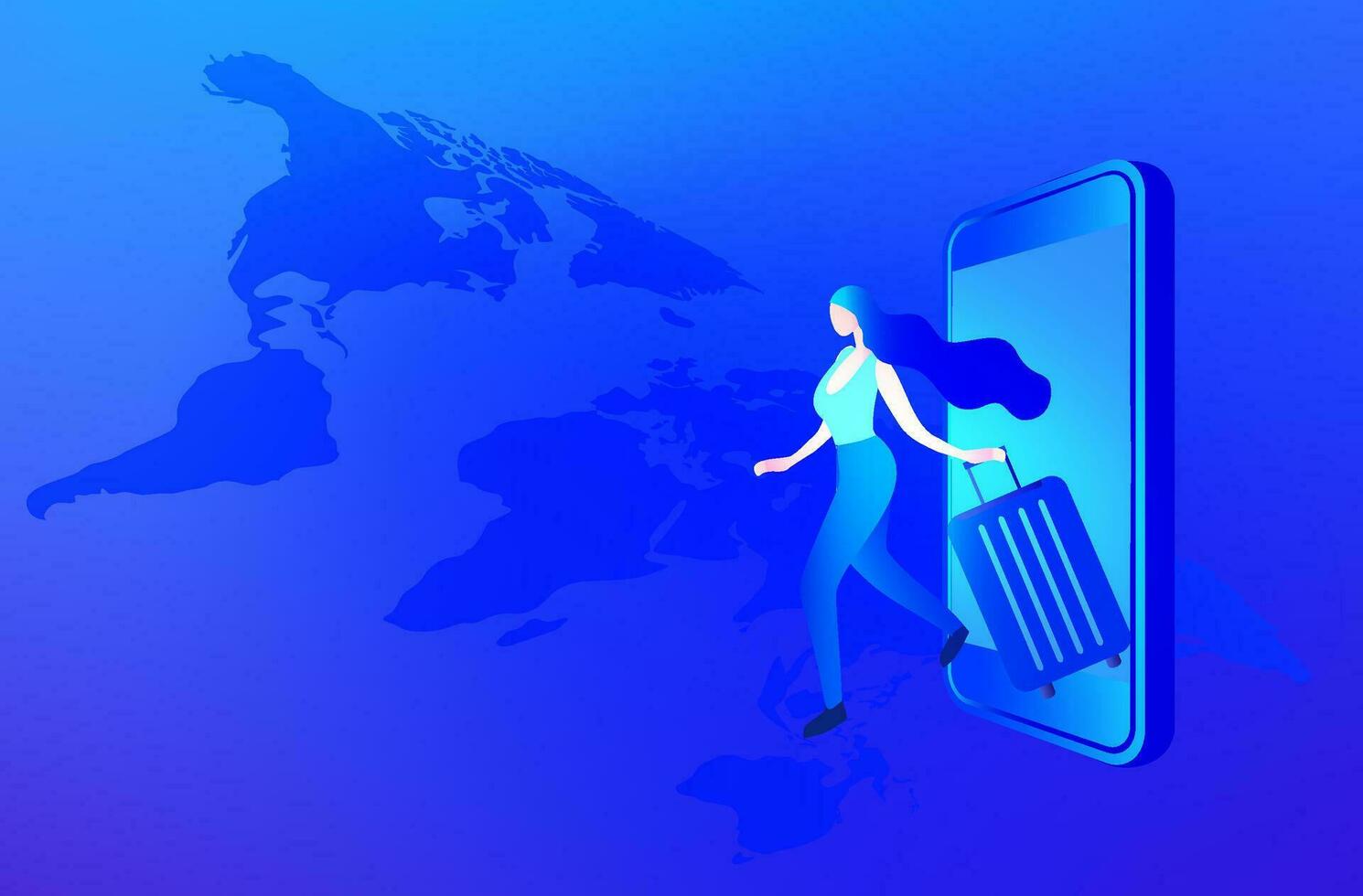 Online travel, and  booking concept.  Airplane on global map, luggage  and navigator check point vector illustration