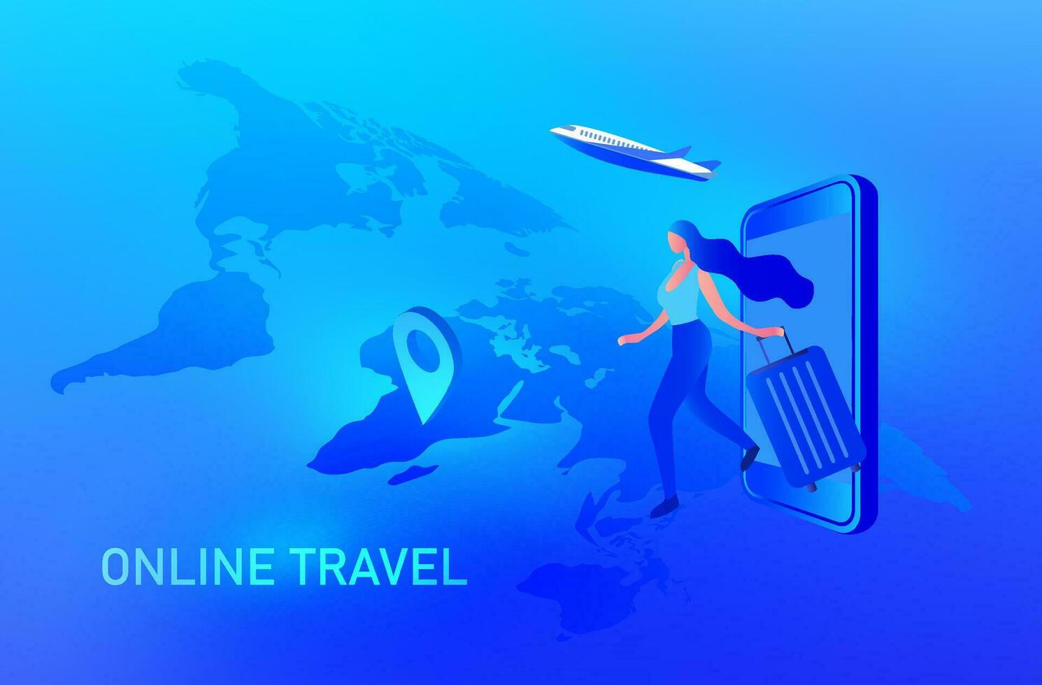 Online travel, and  booking concept.  Airplane on global map, luggage  and navigator check point vector illustration